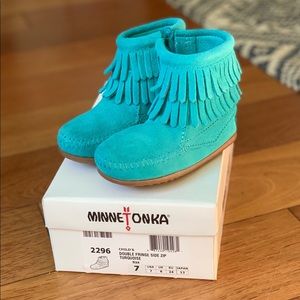Child’s Turquoise Double Fringe Minnetonka Boots